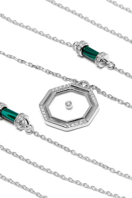 Mini Hexagon Amulet of Light Pillar Necklace, 18k White Gold with Malachite, Transparent de Roche & Diamonds